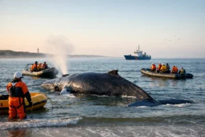 Nieuwe poging gestart om gestrande bultrug naar diepere wateren te brengen